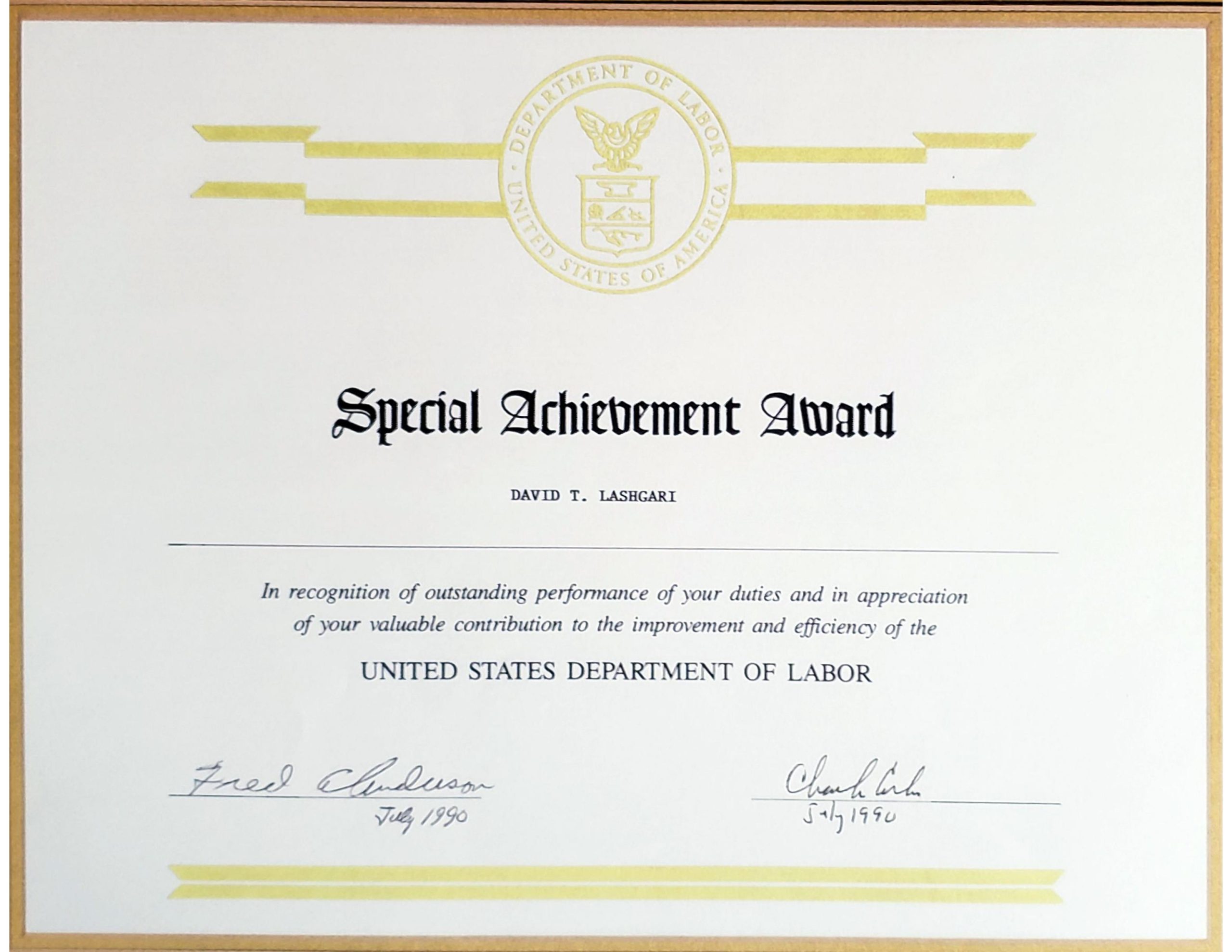 United States Department of Labor Special Achievement Award, outstanding performance